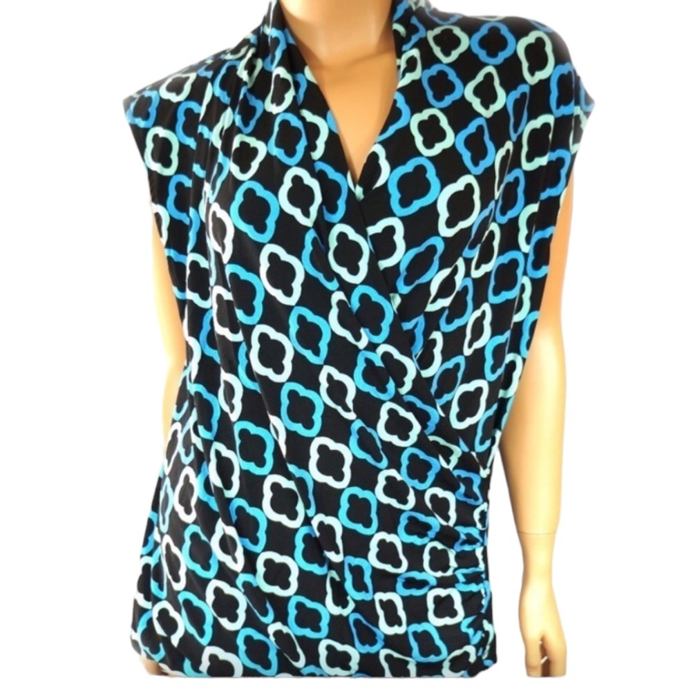 Vince Camuto size XL blue & black geometrical print faux wrap sleeveless v-neck